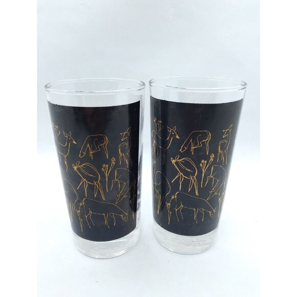 Vtg. Unique set of 2 MCM Deer Trees gold on black Clear high ball / tumblers - Picture 1 of 15